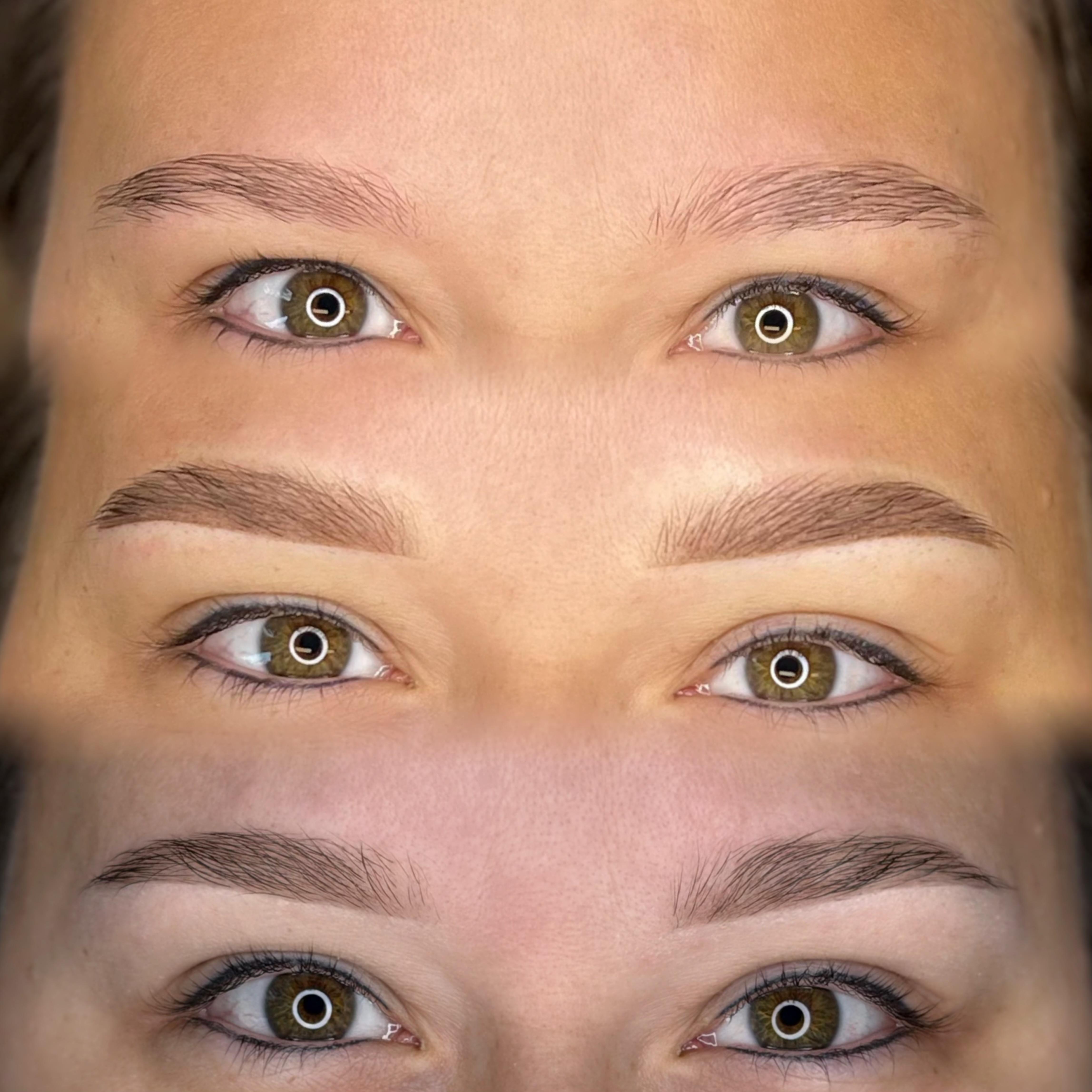 Powderbrows, voor, direct na de behandeling & genezen