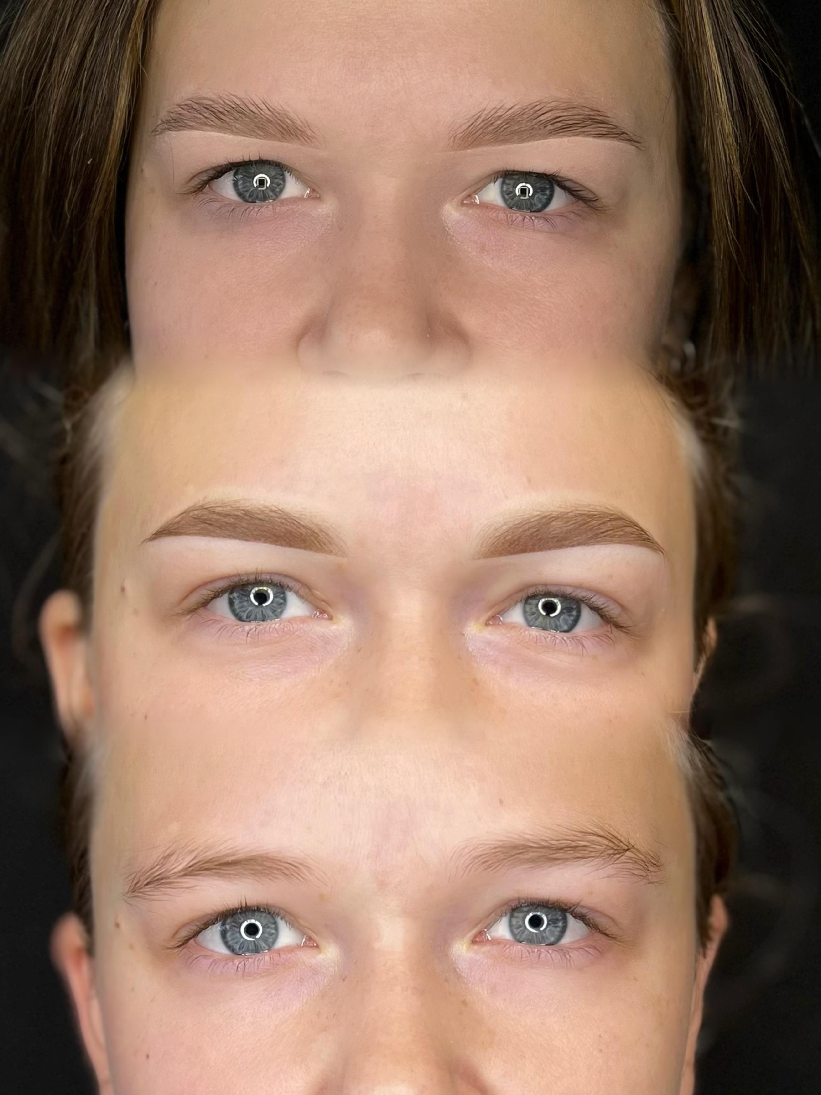 Powderbrows, voor, direct na de behandeling & genezen